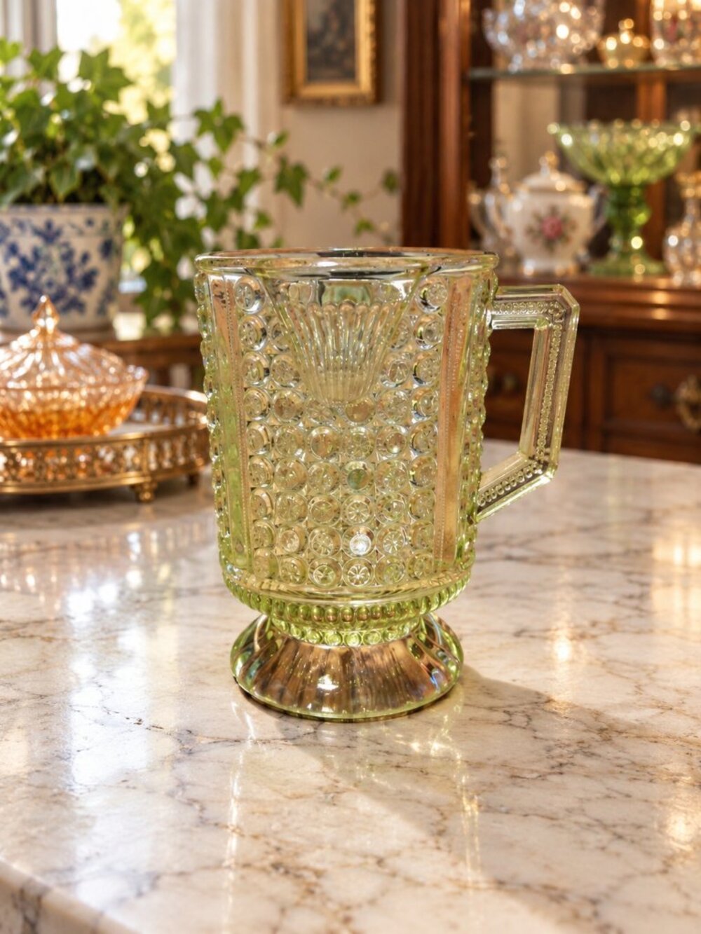 Antique 1885 EAPG Richards & Hartley Three Panel Vaseline Uranium Glass Creamer